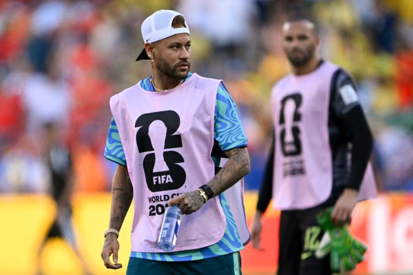 Brazil's forward #10 Neymar looks on during halftime of the 2026 World Cup Group C football match between Brazil and Morocco at the New York/New Jersey Stadium in East Rutherford on June 13, 2026. Mauro PIMENTEL / AFP