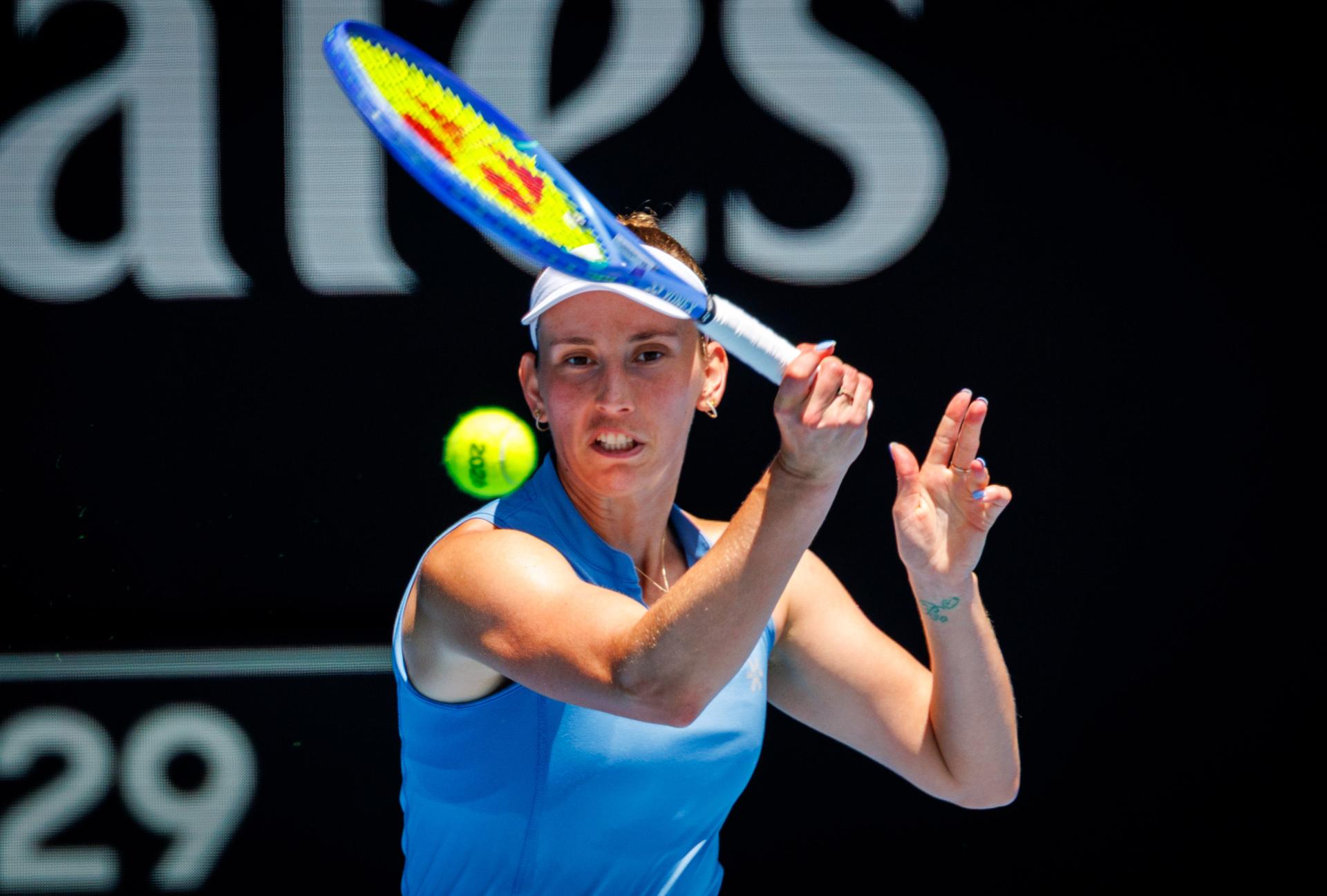 Belgian Elise Mertens pictured in action during a doubles tennis match between Belgian-Chinese pair Mertens-Zhang and Kazakh/Serbian pair Danilina/Krunic, in the final of the women doubles at the Australian Open, Melbourne Park, Melbourne on Saturday 31 January 2026. BELGA PHOTO PATRICK HAMILTON --- BENELUX ONLY ---