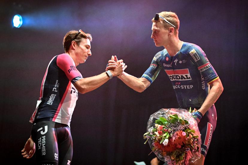 Belgian Jasper Philipsen of Alpecin-Premier Tech and Belgian Tim Merlier of Soudal Quick-Step celebrate on the podium after the 'Natourcriterium Herentals' cycling race, Thursday 30 July 2026 in Herentals. The contest is a part of the traditional 'criteriums', local races in which mainly cyclists who rode the Tour de France compete. BELGA PHOTO ELIAS ROM
