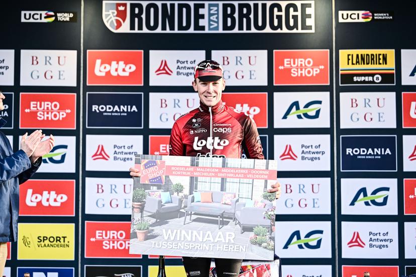 British Joshua Giddings of Lotto-Intermarche pictured on the podium after the 'Ronde van Brugge' men's elite one-day cycling race, 202,9 km from and to Brugge on Wednesday 25 March 2026. BELGA PHOTO MAARTEN STRAETEMANS