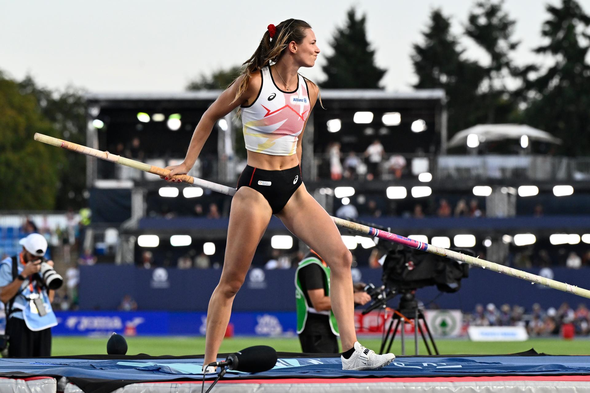 Belgian Elien Vekemans pictured during the women's pole vault event on the second day of the European Athletics Championships (August 10-18) in Birmingham, United Kingdom, on Tuesday 11 August 2026. BELGA PHOTO ERIC LALMAND