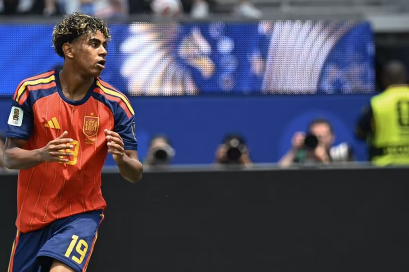 Spain's forward #19 Lamine Yamal reacts during the 2026 World Cup football tournament quarter-final match between Spain and Belgium at the Los Angeles Stadium in Inglewood on July 10, 2026. Paul ELLIS / AFP