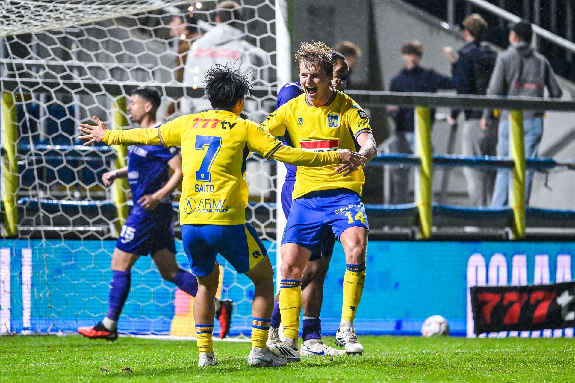 Shunsuke Saito of KVC Westerlo and Cisse Sandra, of KVC Westerlo celebrate after scoring during a soccer match between KVC Westerlo and Patro Eisden Maasmechelen, Friday 16 October 2026 in Westerlo, a game in the 1/16 final of the Croky Cup Belgian cup competition. BELGA PHOTO TOM GOYVAERTS