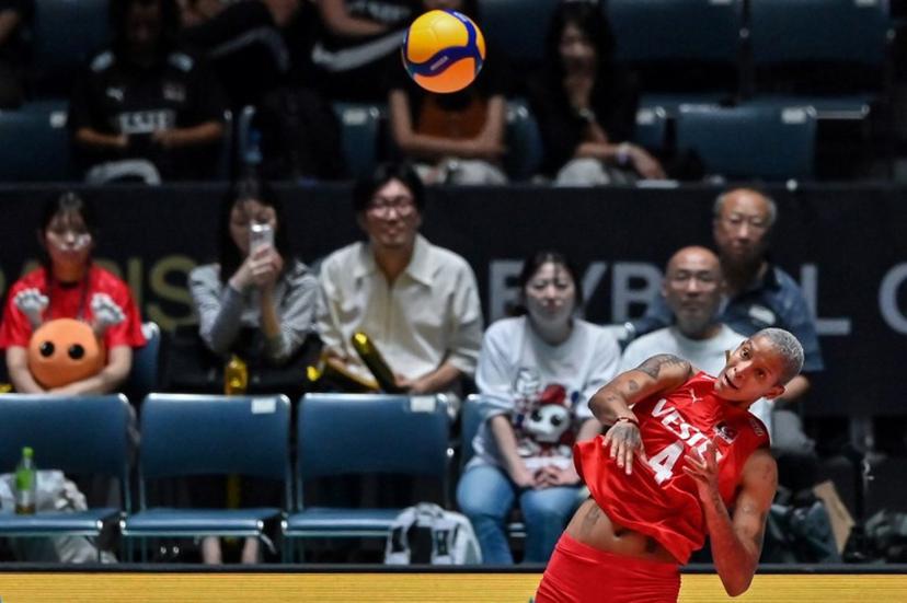 Turkey's Melissa Teresa Vargas serves during the match on the final day of the Volleyball World Cup 2023 women's Olympic qualifying tournament between Turkey and Belgium at Yoyogi National Stadium in Tokyo on September 24, 2023. Richard A. Brooks / AFP