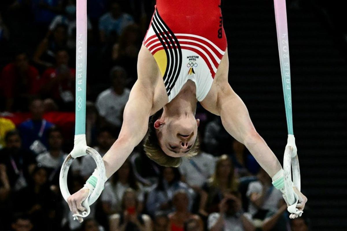 Belgium's Glen Cuyle competes in the artistic gymnastics men's rings final during the Paris 2024 Olympic Games at the Bercy Arena in Paris, on August 4, 2024. Loic VENANCE / AFP
