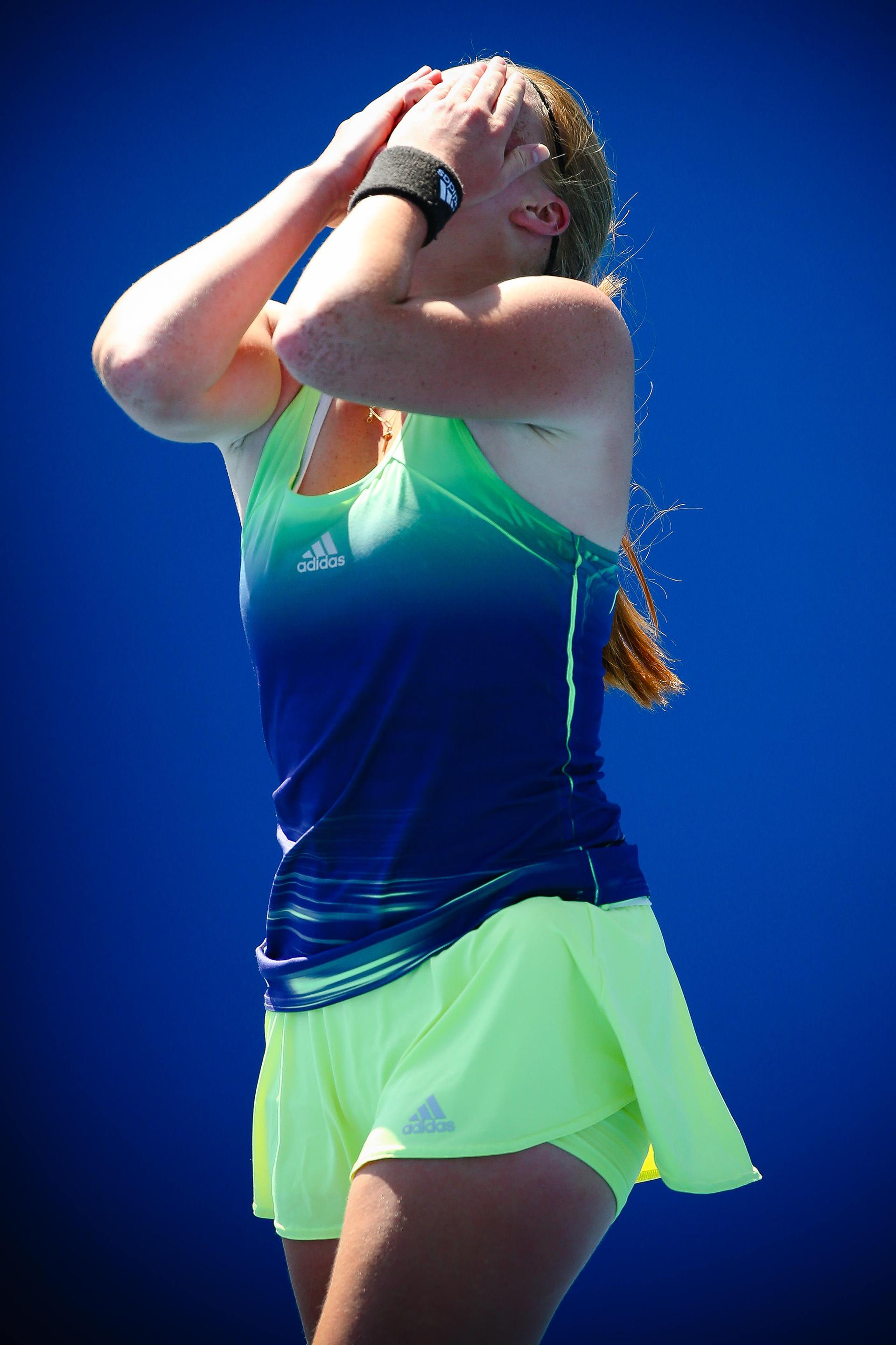 20160123 - MELBOURNE, AUSTRALIA: Belgian Lara Salden celebrates after winning her first round game of Junior Girls Singles against Japanse Mai Hontama at the 'Australian Open' tennis Grand Slam, Saturday 23 January 2016 in Melbourne Park, Melbourne, Australia. The first grand slam of the season takes place from 18 to 31 January. Salden won 6-3, 6-2. BELGA PHOTO PATRICK HAMILTON