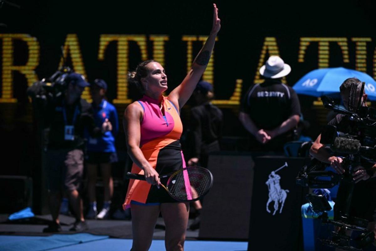 Belarus' Aryna Sabalenka celebrates beating Austria's Anastasia Potapova in their women's singles match on day six of the Australian Open tennis tournament in Melbourne on January 23, 2026. WILLIAM WEST / AFP