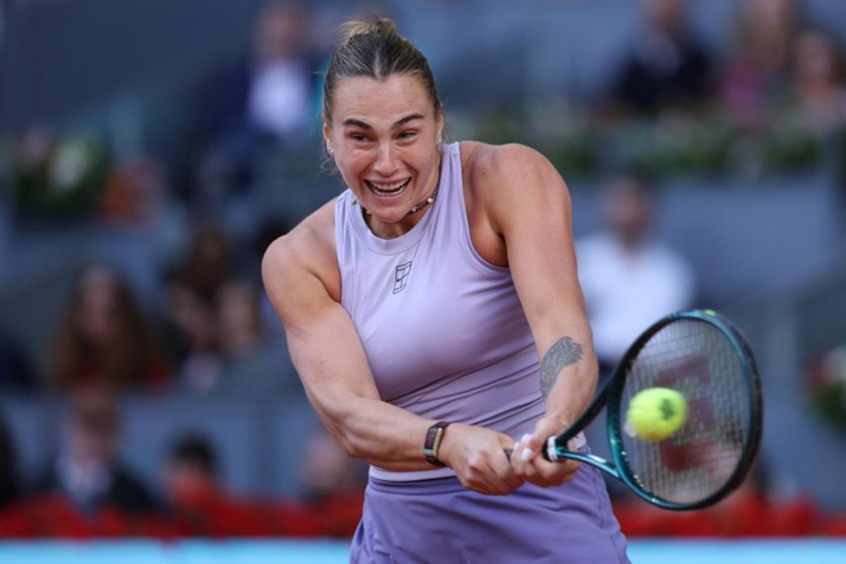 Belarus' Aryna Sabalenka returns the ball to US' Coco Gauff during their 2025 WTA Tour Madrid Open tennis tournament singles final match at the Caja Magica in Madrid, on May 1, 2025. Thomas COEX / AFP