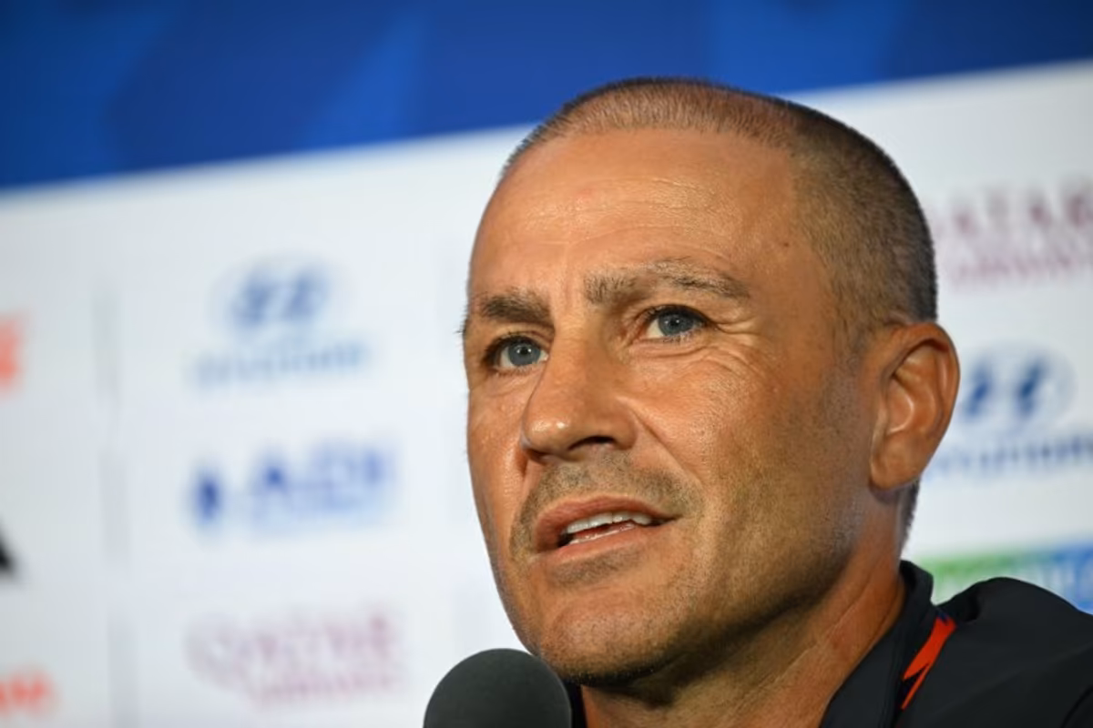 Uzbekistan's Italian head coach Fabio Cannavaro gives a press conference on the eve of Uzbekistan's 2026 World Cup football tournament Group H football match against Portugal in Houston on June 22, 2026. RONALDO SCHEMIDT / AFP