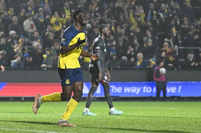 Union's Promise David celebrates after scoring during a soccer match between Royale Union Saint-Gilloise and Royal Antwerp FC, Saturday 21 February 2026 in Brussels, on day 26 of the 2025-2026 'Jupiler Pro League' first division of the Belgian championship. BELGA PHOTO JILL DELSAUX