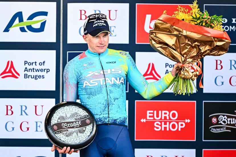 Max Kanter celebrates on the podium of the 'Ronde van Brugge' men's elite one-day cycling race, 202,9 km from and to Brugge on Wednesday 25 March 2026. BELGA PHOTO JASPER JACOBS