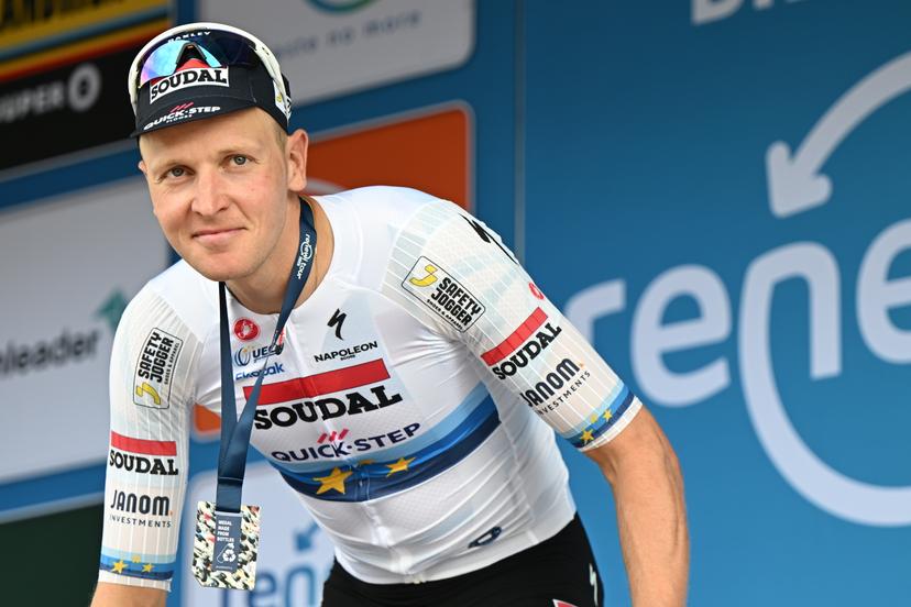Belgian Tim Merlier of Soudal Quick-Step celebrates on the podium after winning the fourth stage of the 'Renewi Tour' multi-stage cycling race, from Riemst to Bilzen-Hoeselt (196 km) on Saturday 23 August 2025. The five-day race takes place in Belgium and the Netherlands. BELGA PHOTO DAVID PINTENS