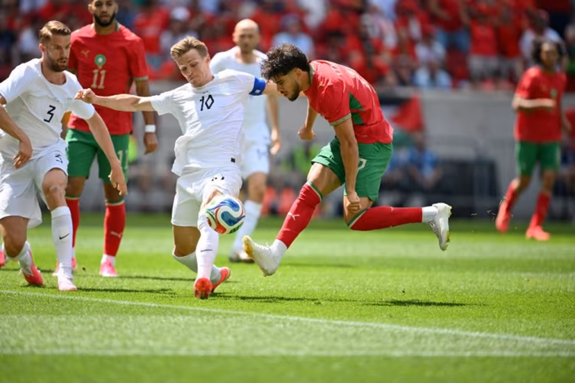 Morocco's midfielder #17 Abde Ezzalzouli shoots on goal during the international friendly football match between Morocco and Norway at Sports Illustrated Stadium in Harrison, New Jersey, on June 7, 2026. ANGELA WEISS / AFP