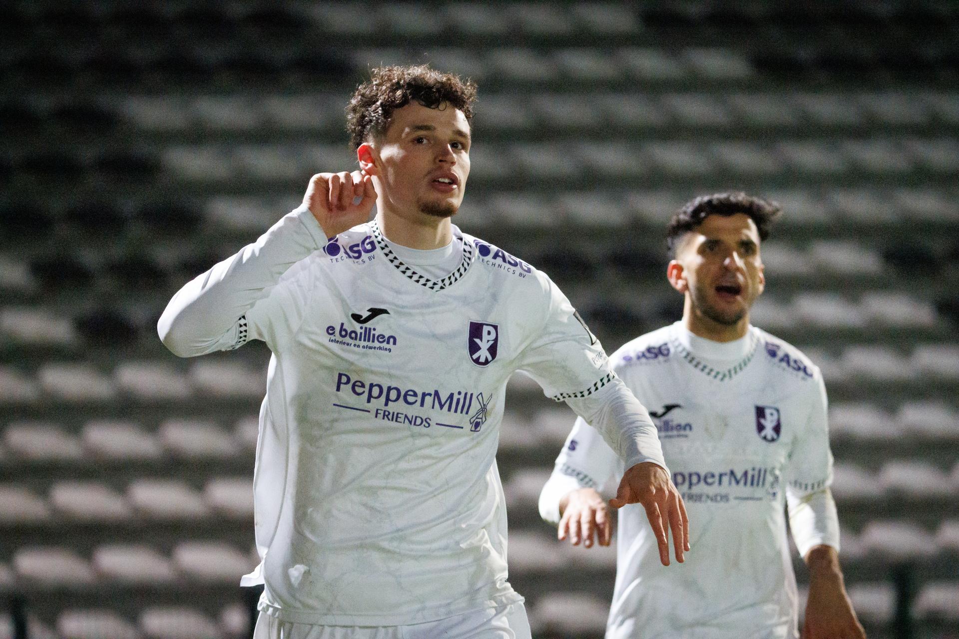 Patro Eisden's Leandro Rousseau celebrates after scoring during a soccer game between Club NXT and Patro Eisden Maasmechelen, Friday 13 February 2026 in Roeselare, on day 25 of the 2025-2026 'Challenger Pro League' 1B second division of the Belgian championship. BELGA PHOTO KURT DESPLENTER