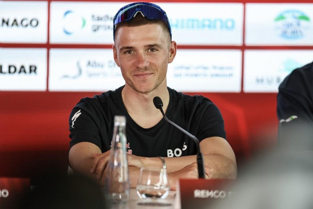 Redbull-Bora-Hansgrohe team's Belgian rider Remco Evenepoel attends a press conference on the eve of the UAE Tour cycling event in Abu Dhabi on February 15, 2026. FADEL SENNA / AFP