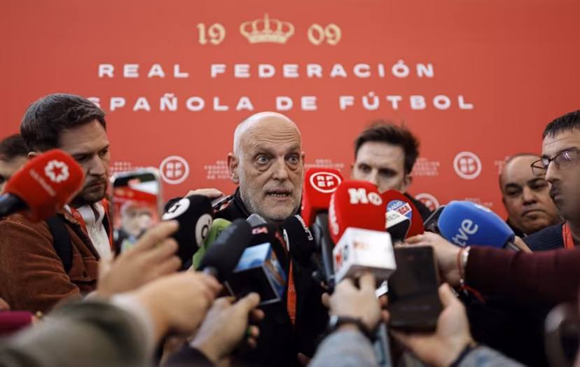 Spain's LaLiga president Javier Tebas speaks to the media at the Ciudad del Futbol in Las Rozas, outside Madrid, on December 16, 2024. OSCAR DEL POZO / AFP