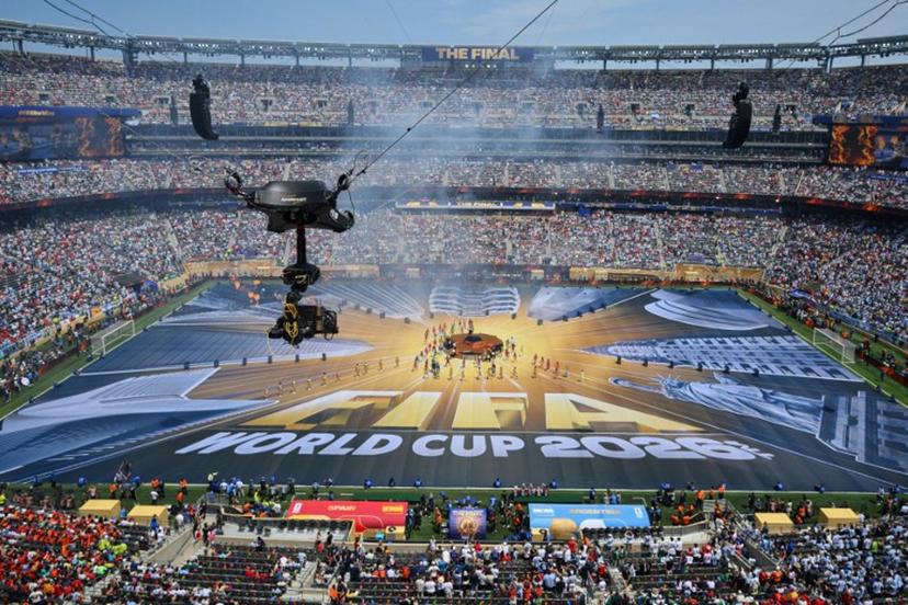 A general view shows spectators watching dancers and musicians performing during the closing ceremony of the 2026 World Cup football tournament final match between Spain and Argentina at the New York/New Jersey Stadium in East Rutherford on July 19, 2026. ANGELA WEISS / AFP