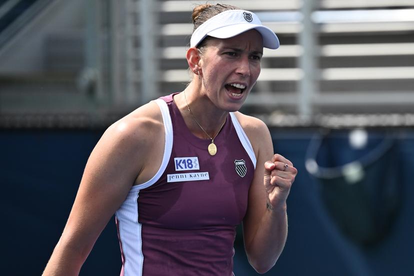 Elise Mertens of Belgium reacts as she plays against Maria Timofeeva of Uzbekistan in the Women's singles Round 2 of the 2026 US Open Tennis Championship, USTA Billie Jean King National Tennis Center in Flushing Meadow-Corona Park, in the Queens borough of New York, NY, September 3, 2026. (Photo by Anthony Behar/Sipa USA) BELGA PHOTO BENELUX ONLY