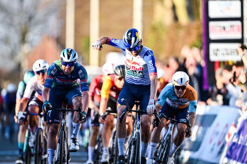 Belgian Jordi Meeus of Red Bull-BORA-hansgrohe celebrates after he crosses the finish line to win the 'Ename Samyn Classic' one day cycling race, 203,8km from Quaregnon to Dour on Tuesday 03 March 2026. BELGA PHOTO JASPER JACOBS