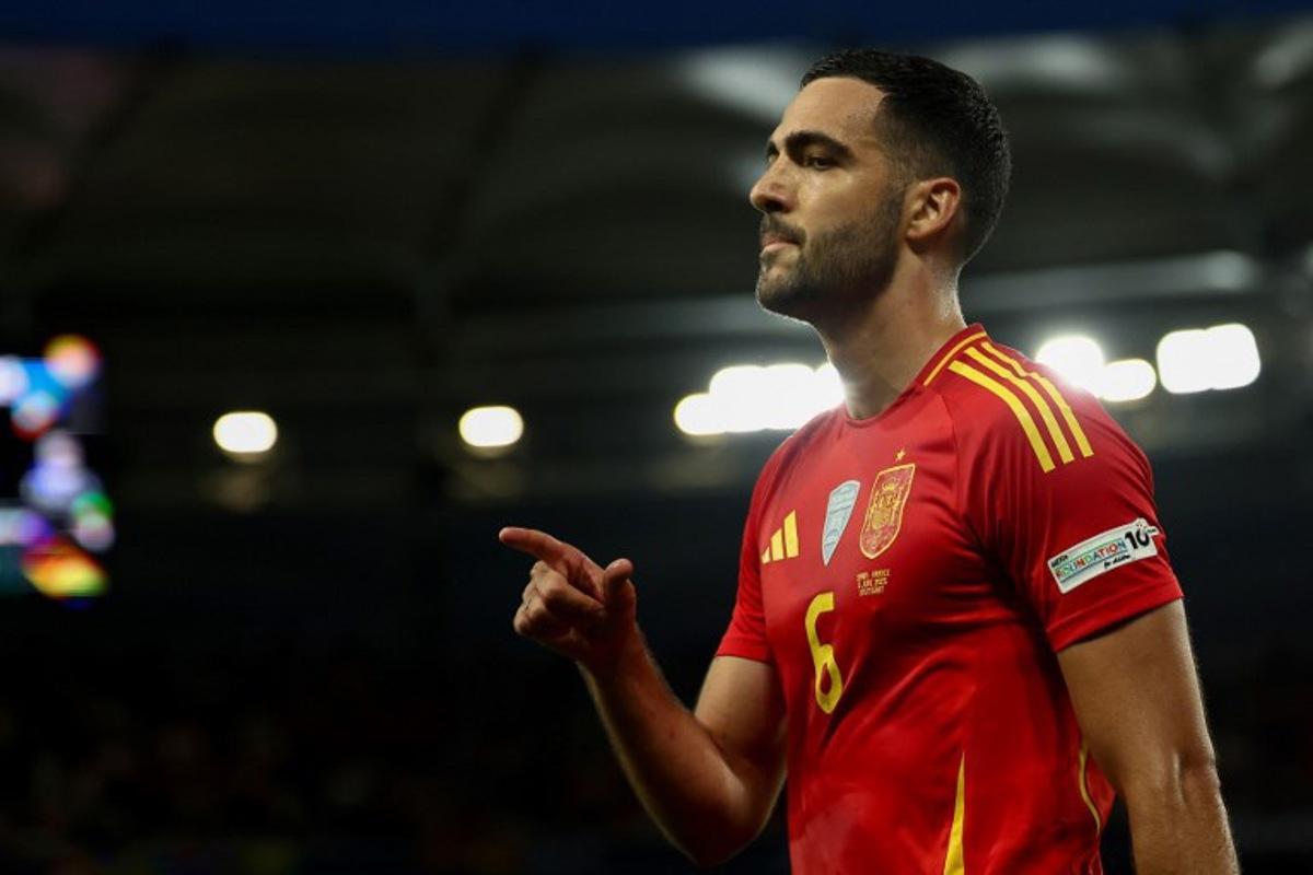 Spain's midfielder #06 Mikel Merino celebrates scoring the 2-0 goal during the UEFA Nations League semi-final football match between Spain and France in Stuttgart, southwestern Germany, on June 5, 2025. FRANCK FIFE / AFP