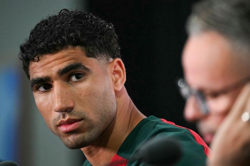 Morocco's defender #02 Achraf Hakimi reacts during a press conference at the New York/New Jersey Stadium in East Rutherford on June 12, 2026, on the eve of the 2026 World Cup football match between Brazil and Morocco. Mauro PIMENTEL / AFP