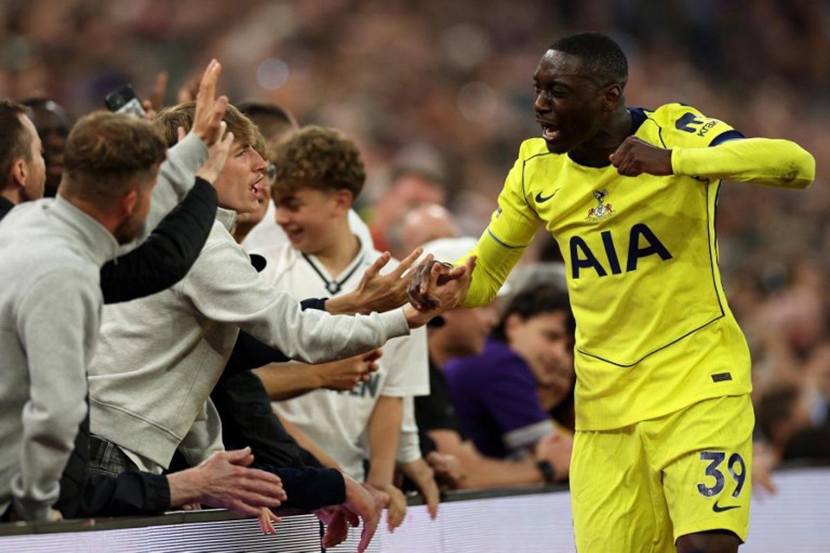 Tottenham Hotspur's French striker #39 Randal Kolo Muani enjoys a moment with supporters after being substituted off during the English Premier League football match between Aston Villa and Tottenham Hotspur at Villa Park in Birmingham, central England on May 3, 2026. Adrian Dennis / AFP