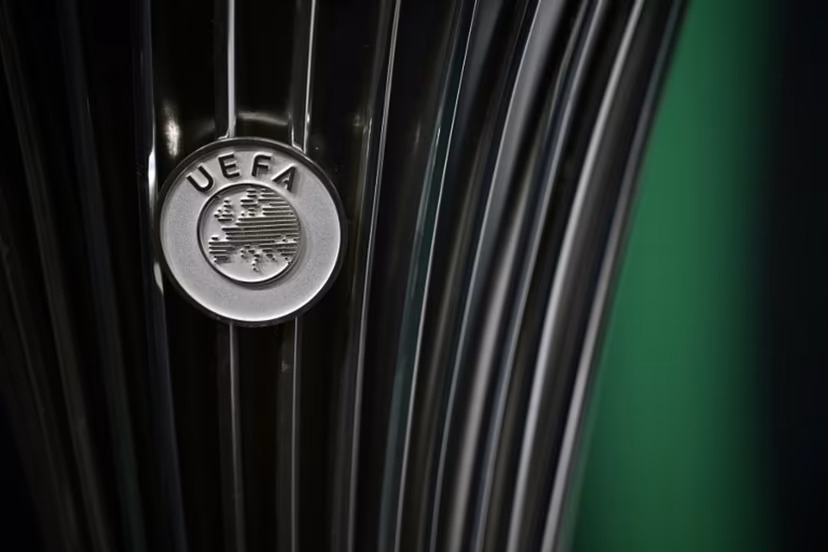 This photograph shows the UEFA logo displayed on the UEFA Conference League Cup ahead of the 2025-2026 UEFA Conference League round of 16, quarter-final and semi-final draw at the House of European Football in Nyon, western Switzerland on February 27, 2026. Harold CUNNINGHAM / AFP