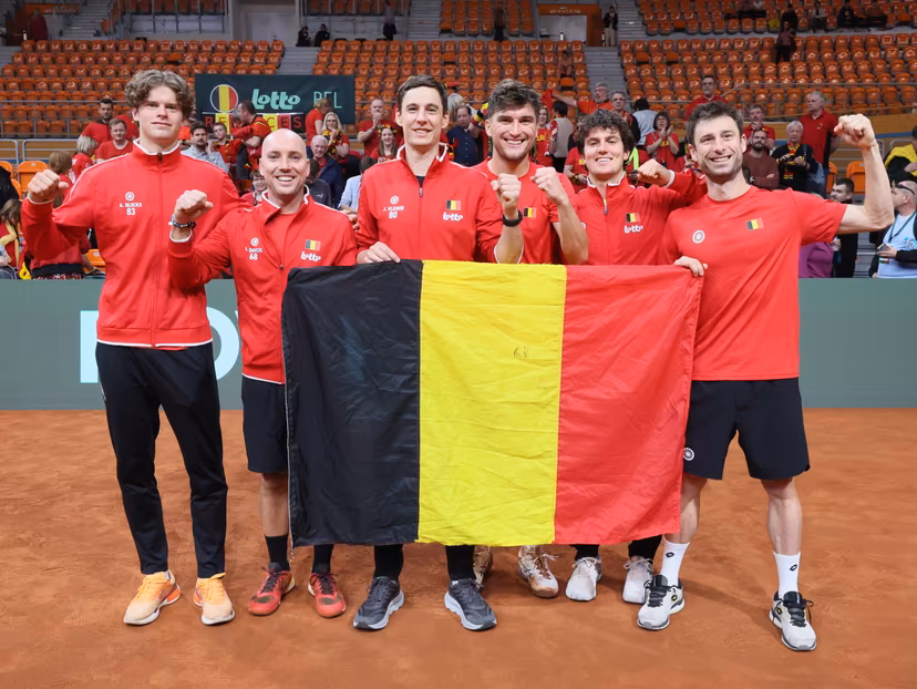 Belgian Alexander Blockx, Belgian captain Steve Darcis, Belgian Joran Vliegen, Belgian Raphael Collignon, Belgian Gilles-Arnaud Bailly and Belgian Sander Gille celebrate as they won during a singles tennis match against Bulgarian Ivanov, match 4 of the qualifier of the Davis Cup on Sunday 08 February 2026, in Plovdiv, Bulgaria. Belgium will compete this weekend in the Davis Cup qualifiers against Bulgaria. Belgian is leading 4-0. BELGA PHOTO BENOIT DOPPAGNE