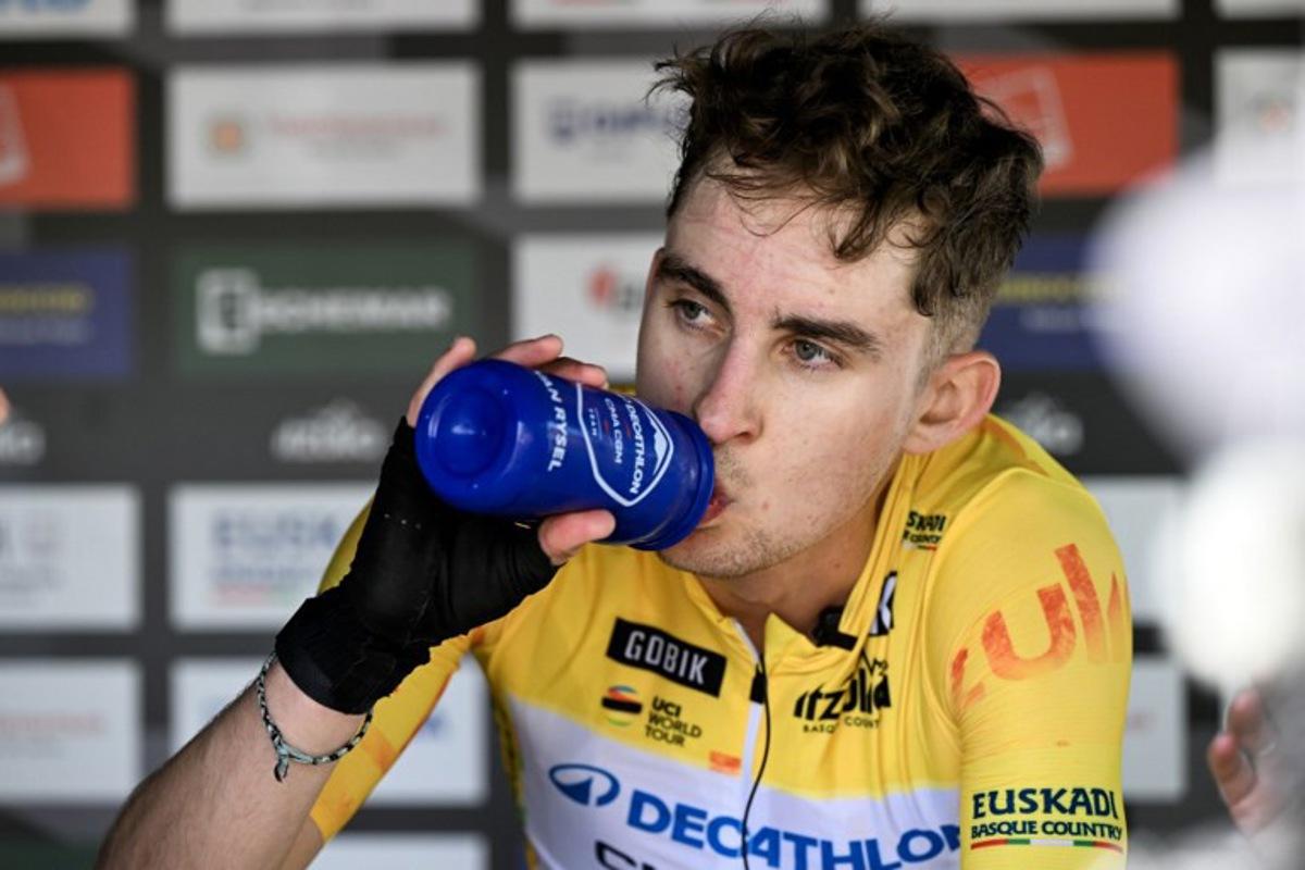 Overall race leader, Team Decathlon CMA CGM's French rider Paul Seixas, takes a drink after the fourth stage of the Basque Country's Itzulia cycling tour, a 167.2 km race starting and finishing in Galdakao, on April 9, 2026. ANDER GILLENEA / AFP