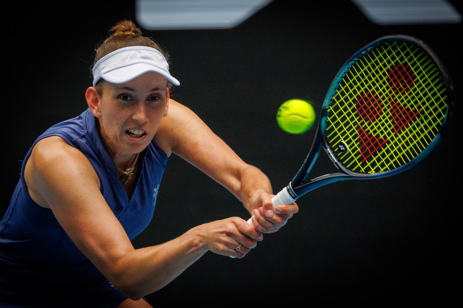Belgian Elise Mertens pictured in action during a tennis match against American Pegula, in the second round of the women's singles at the 'Australian Open' Grand Slam tennis tournament, Wednesday 15 January 2025 in Melbourne Park, Melbourne, Australia. The 2025 edition of the Australian Grand Slam takes place from January 12th to January 26th. BELGA PHOTO PATRICK HAMILTON