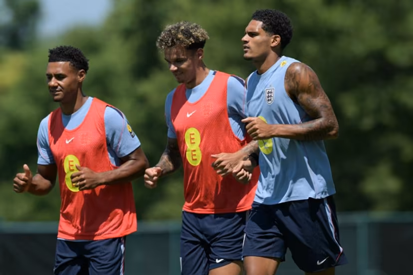 (From L) England's forward #19 Ollie Watkins, England's defender #03 Nico O'Reilly and England's defender #26 Jarell Quansah take part in a training session at Swope Soccer Village in Kansas City on July 08, 2026, during the 2026 World Cup football tournament. JUAN MABROMATA / AFP
