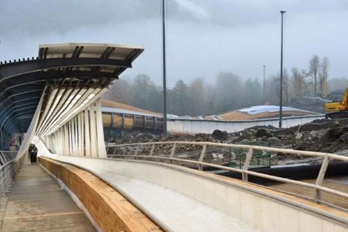 The arrival zone of the Sanki sliding centre, which will host the luge, bobsleigh and skeleton events at the upcoming 2014 winter olympics in Rosa Khutor, part of the mountain cluster of installations some 50km from Sochi. AFP PHOTO / FRANCOIS XAVIER MARIT