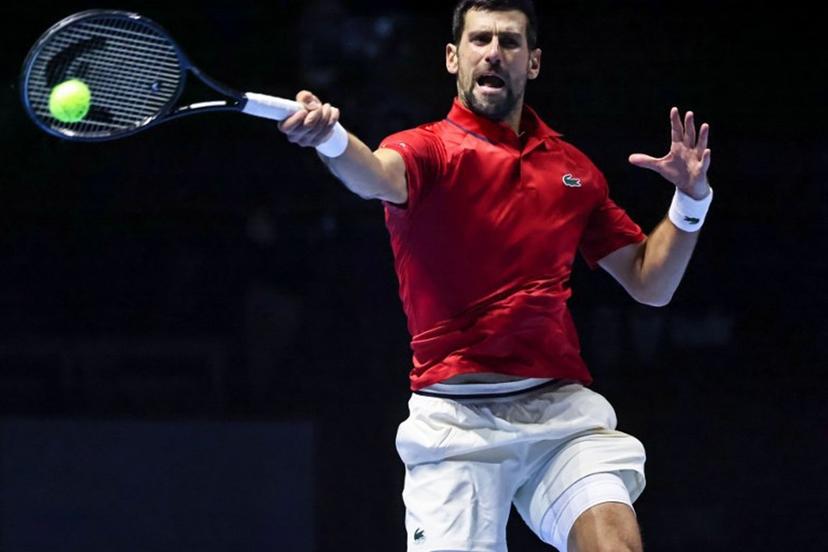 Serbia's Novak Djokovic hits a return against US' Taylor Fritz during the third-placed match at the Six Kings Slam exhibition tennis tournament in Riyadh on October 18, 2025. Fayez NURELDINE / AFP