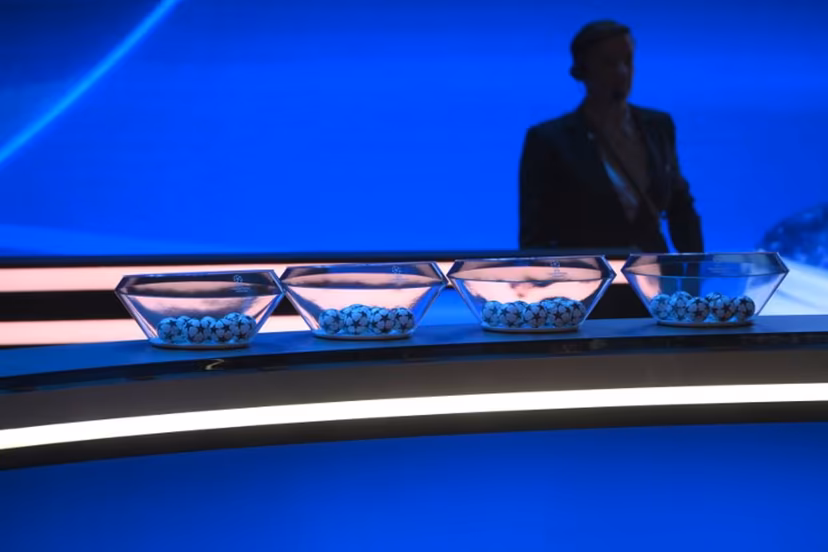 This photograph shows draw balls displayed on set prior to the draw ceremony for the UEFA Champions League football tournament 2023-2024 at The Grimaldi Forum in the Principality of Monaco on August 31, 2023. NICOLAS TUCAT / AFP