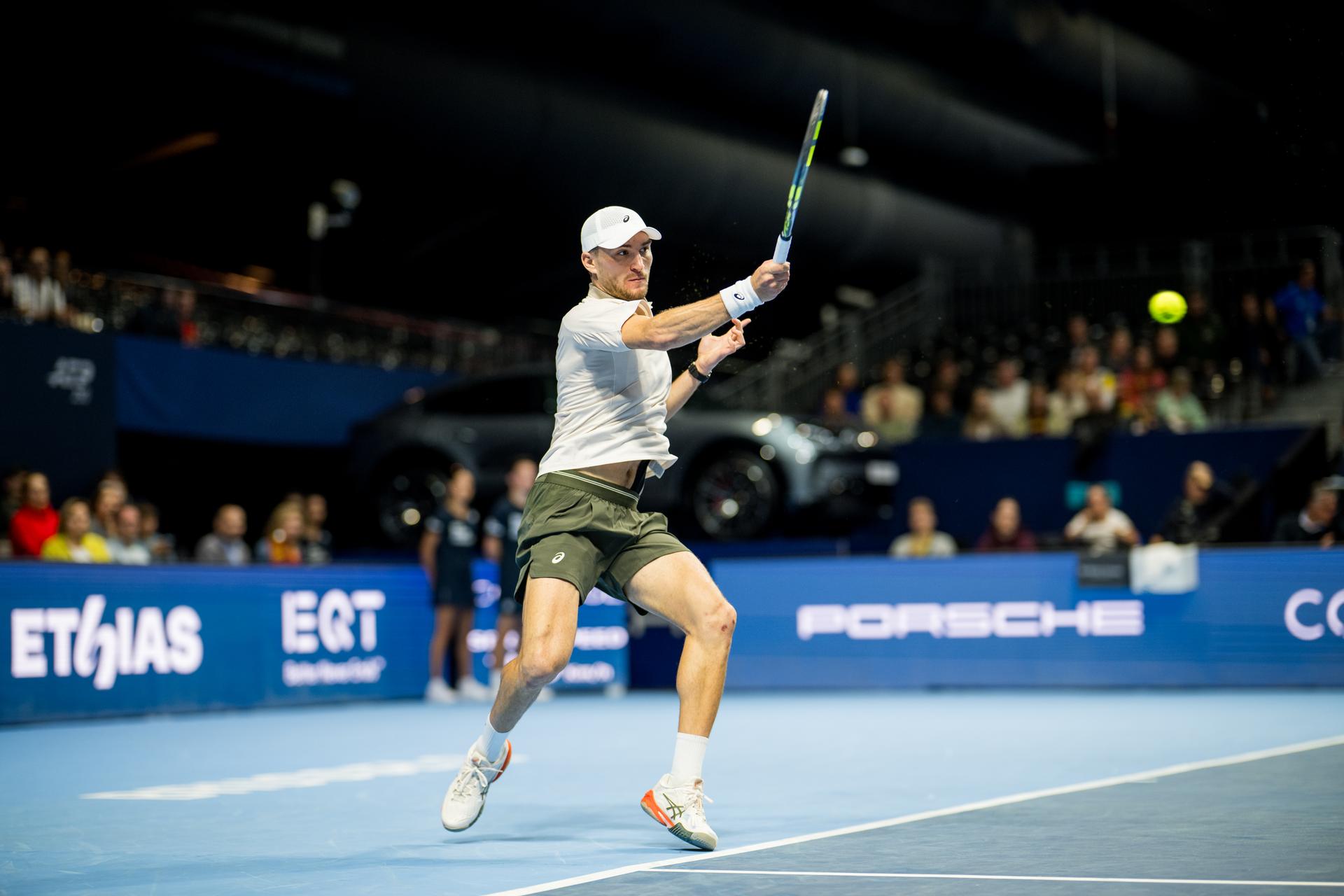 Raphael Collignon of Belgium pictured in action during the European Open ATP tennis tournament in Brussels, on Thursday 22 October. This year's edition of the tournament is taking place from 17 to 25 October BELGA PHOTO JASPER JACOBS