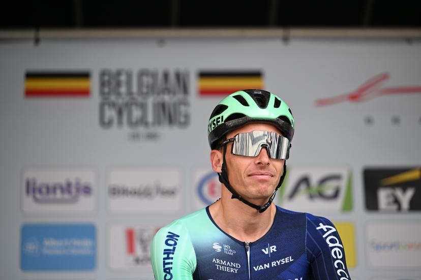 Belgian Oliver Naesen of Decathlon CMA CGM Team pictured at the start of the men's elite race (240km) of the Belgian Cycling Championships, from the Grote Markt square in Antwerp to Brasschaat on Sunday 28 June 2026. BELGA PHOTO MAARTEN STRAETEMANS