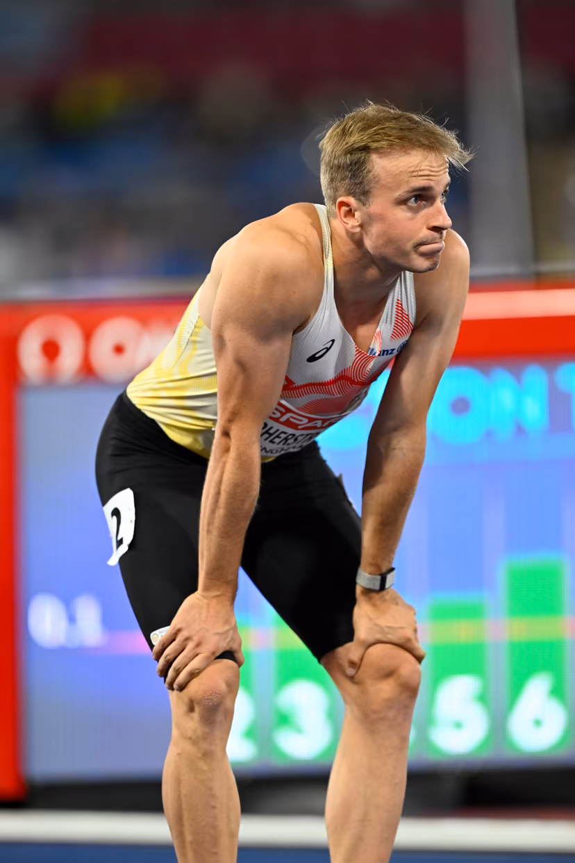 Belgian athlete Simon Verherstraeten after finishing 8th with an injury in the men's final of the 100m event on the second day of the European Athletics Championships (August 10-18) in Birmingham, United Kingdom, on Tuesday 11 August 2026. BELGA PHOTO ERIC LALMAND