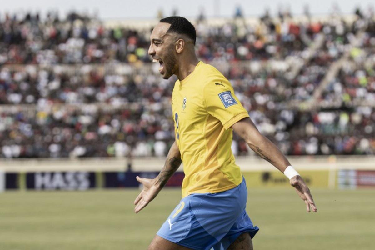 Gabon's #9 Pierre-Emerick Aubameyang celebrates after scoring a goal during the FIFA World Cup 2026 Africa qualifiers group F football match between Kenya and Gabon at the Nyayo National Stadium in Nairobi on March 23, 2025. SIMON MAINA / AFP