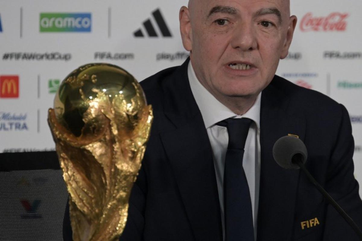 FIFA President Gianni Infantino gives a press conference with the World Cup trophy on the eve of the opening match of the 2026 World Cup football tournament at Mexico city stadium in Mexico City on June 10, 2026. Alfredo ESTRELLA / AFP