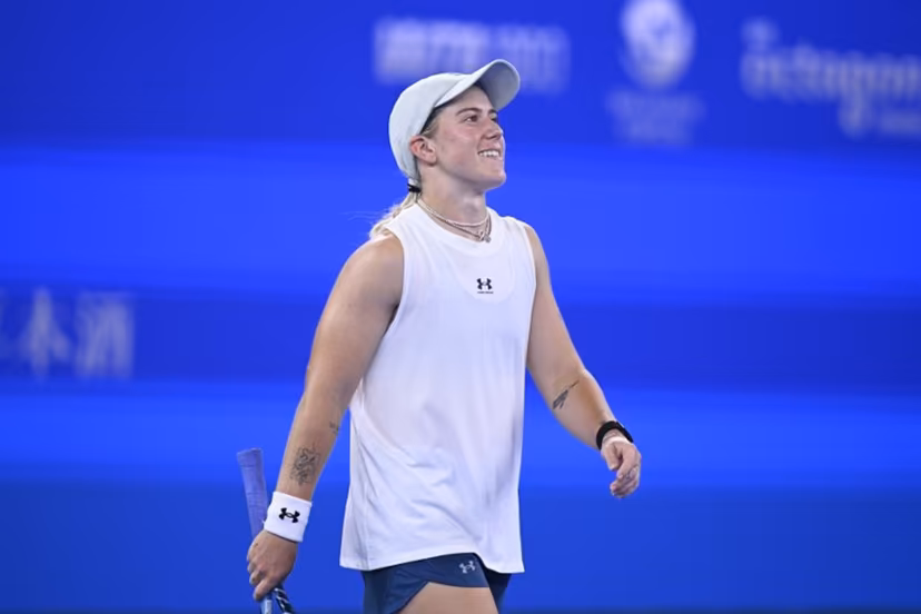 Britain's Sonay Kartal reacts after winning against Ukraine's Elina Svitolina during their women's singles quarter-final match at the Wuhan Open tennis tournament in Wuhan, China's Hubei province on October 16, 2026. WANG Zhao / AFP