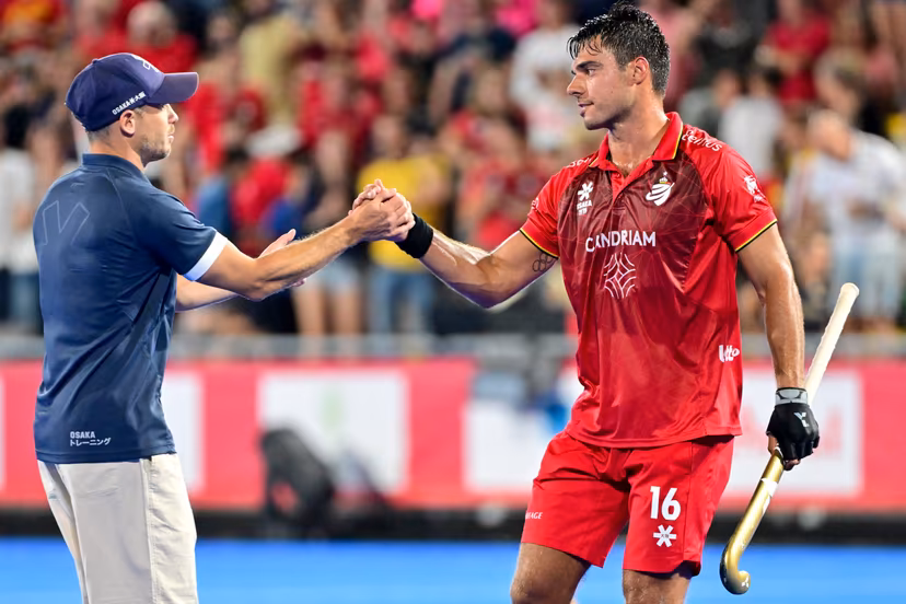 Belgium's Alexander Hendrickx and John-John Dohmen pictured after a hockey game between Belgium's Red Lions and France, the first (out of three) matches during the group stage of the men's 2026 Hockey World Cup, Saturday 15 August 2026 in Wavre. The 2026 edition of the Hockey World Cup takes place in Belgium and The Netherlands from August 15 to August 30. BELGA PHOTO DIRK WAEM