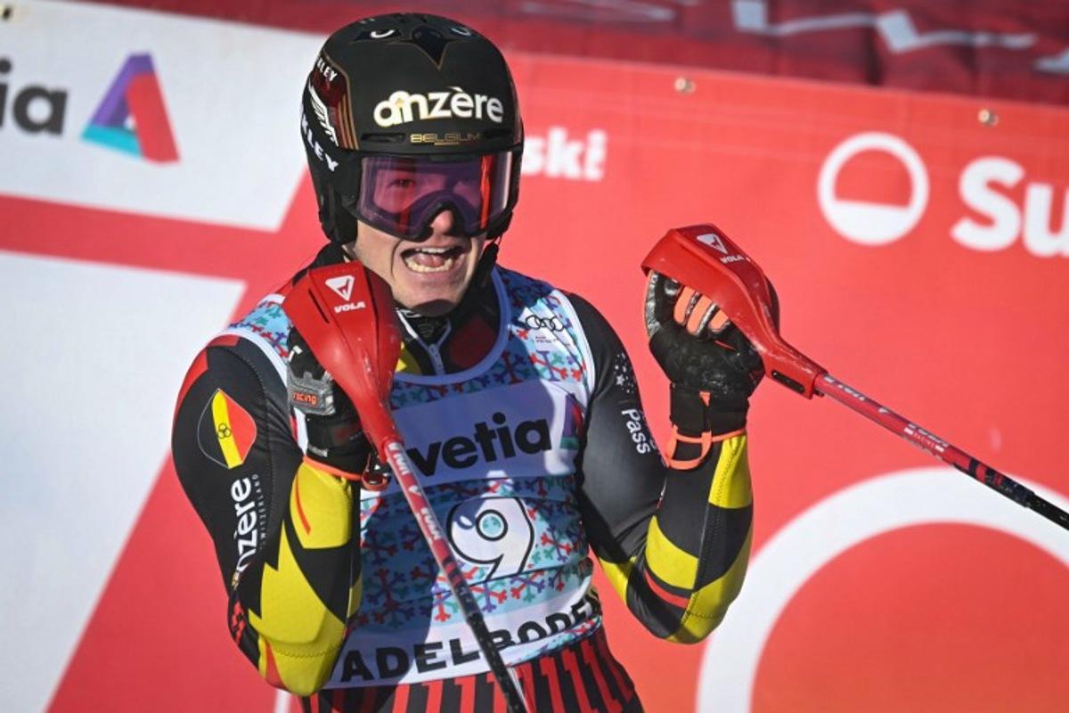 Belgium's Armand Marchant reacts after crossing the finish line during the second run of the Men's Slalom, part of the FIS Alpine Ski World Cup 2025-2026 in Adelboden, soutwestern Switzerland on January 11, 2026. Fabrice COFFRINI / AFP