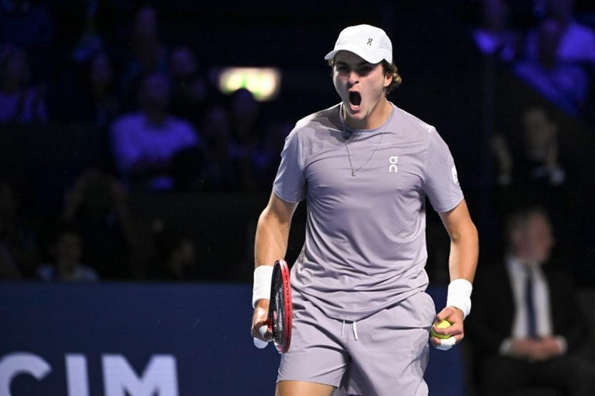 Brazil's Joao Fonseca reacts as he competes against Spain's Alejandro Davidovich Fokina during their men's final match at the Swiss Indoors ATP 500 tennis tournament in Basel on October 26, 2025. Fabrice COFFRINI / AFP