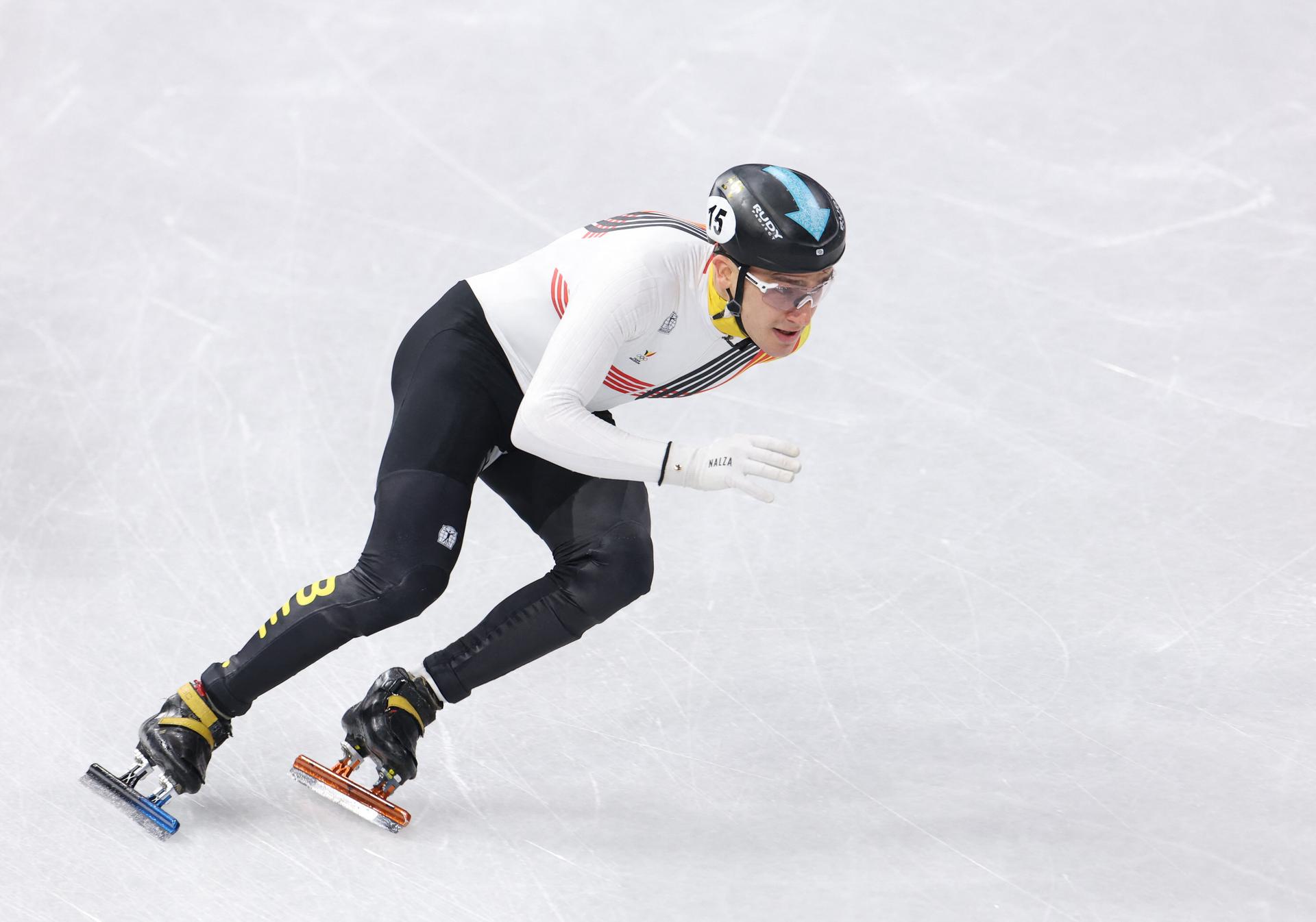 Stijn Desmet of Belgium during the heat of the men's 500m Short Track Speed Skating, at the Milano Cortina 2026 Olympic Winter Games, on February 16, 2026 in Milan, Italy. Photo by Alexis Jumeau/ABACAPRESS.COM BENELUX ONLY
