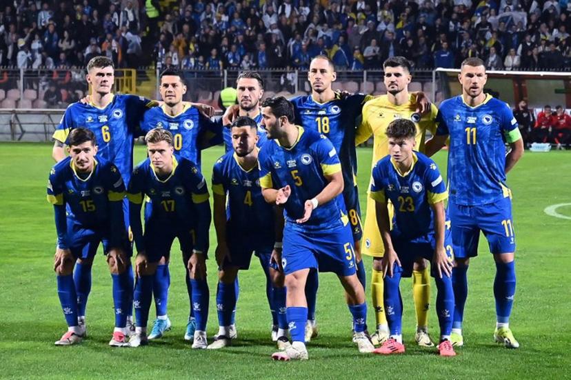 (Top L-R) Bosnia and Herzegovina's midfielder #06 Benjamin Tahirovic, Bosnia and Herzegovina's forward #20 Haris Hajradinovic, Bosnia and Herzegovina's defender #03 Ermin Bicakcic, Bosnia and Herzegovina's defender #18 Nikola Katic, Bosnia and Herzegovina's goalkeeper #01 Nikola Vasilj, Bosnia and Herzegovina's forward #11 Edin Dzeko, (bottom L-R) Bosnia and Herzegovina's midfielder #15 Armin Gigovic, Bosnia and Herzegovina's midfielder #17 Dzenis Burnic, Bosnia and Herzegovina's defender #04 Jusuf Gazibegovic, Bosnia and Herzegovina's defender #05 Sead Kolasinac and Bosnia and Herzegovina's midfielder #23 Esmir Bajraktarevic pose prior to the UEFA Nations League, League A - Group 3, football match between Bosnia and Herzegovina and Hungary at the Bilino Polje Stadium in Zenica, in Zenica, on October 14, 2024. Elvis Barukcic / AFP