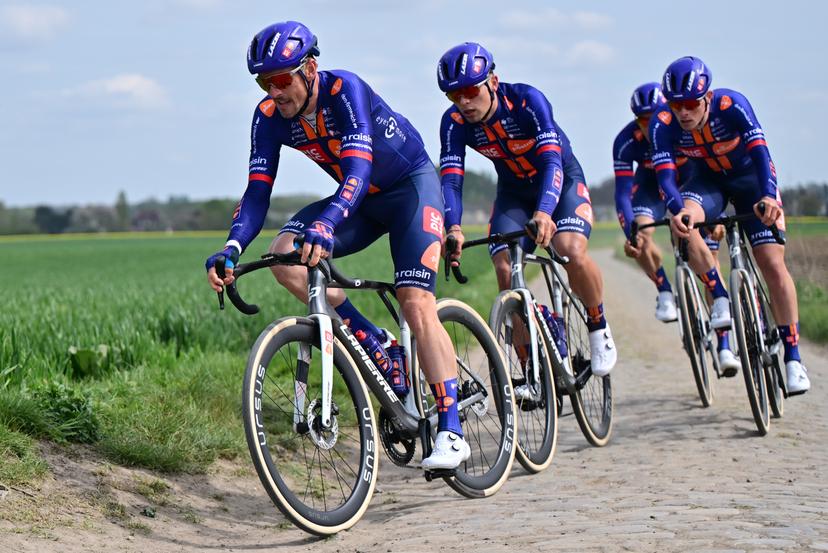 German John Degenkolb of Team Picnic PostNL (L) pictured in action during the reconnaissance of the track ahead of this year's Paris-Roubaix cycling race, Friday 10 April 2026, around Roubaix, France. The 123rd edition of Paris-Roubaix cycling races will take on Sunday, with the women riding 143,1 km the men riding 258,3 km on Sunday. BELGA PHOTO DIRK WAEM