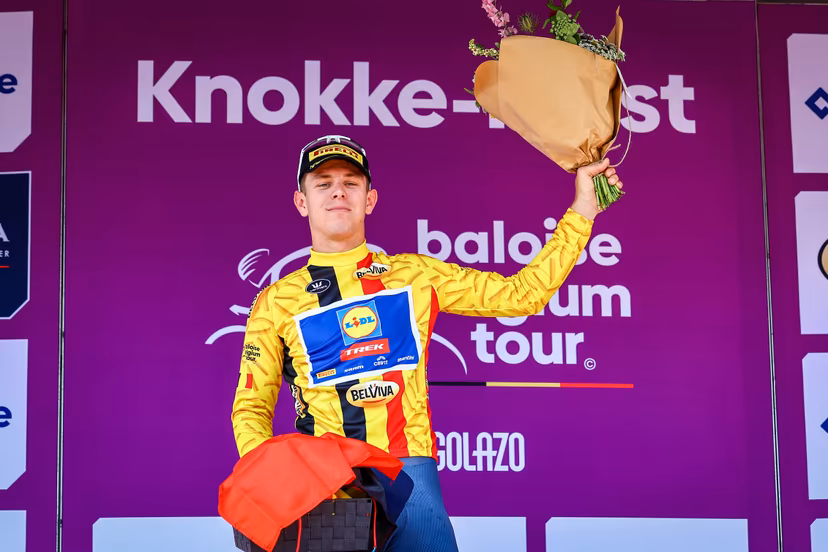 German Tim Torn Teutenberg of Lidl-Trek pictured on the podium after the first stage of the Baloise Belgium Tour cycling race, 198km from Merelbeke-Melle to Knokke-Heist, Wednesday 18 June 2025. The Baloise Belgium Tour takes place from 18 to 22 June. BELGA PHOTO DAVID PINTENS