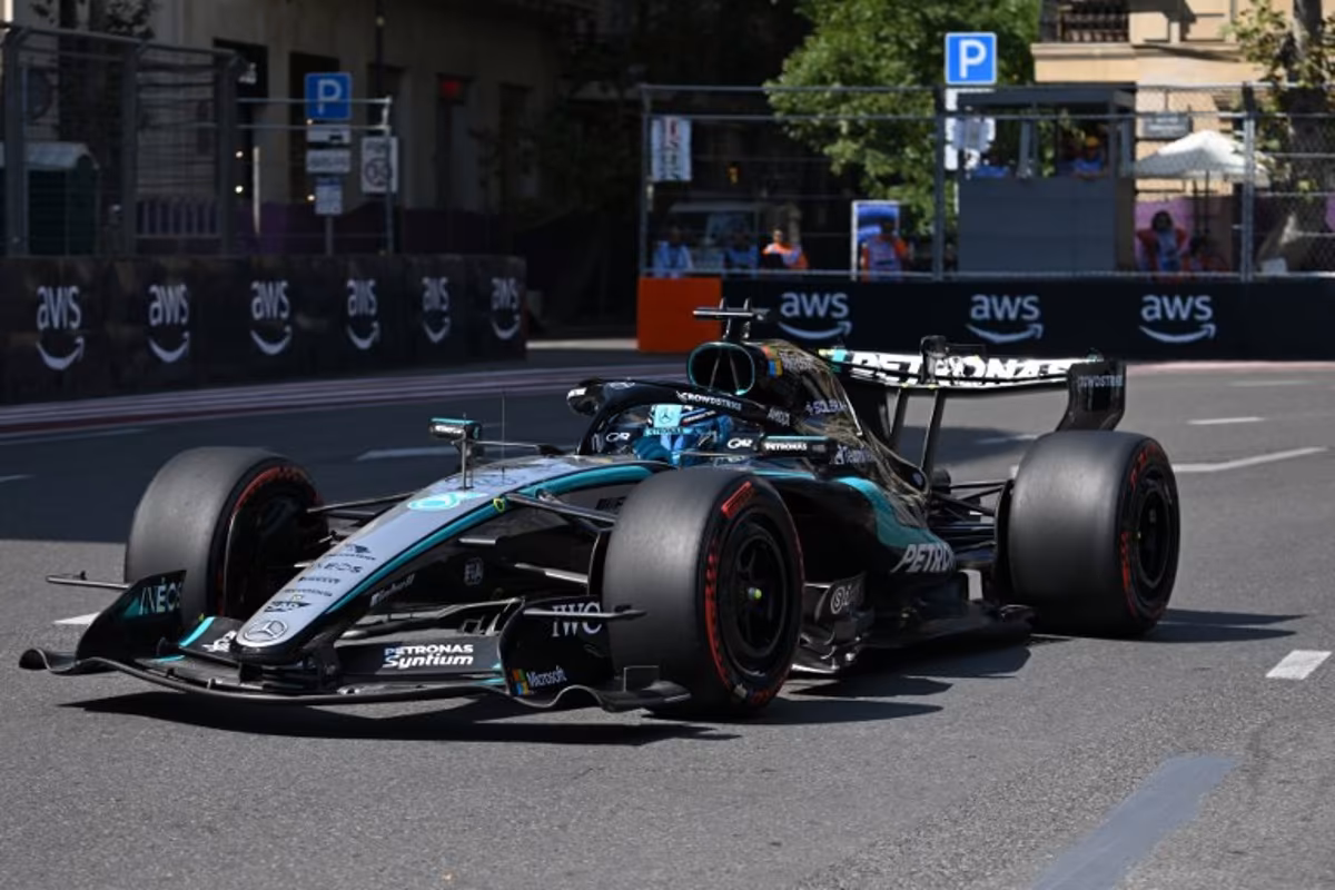 Mercedes' British driver George Russell steers his car during the first practice session ahead of the Formula One Azerbaijan Grand Prix at the Baku City Circuit in Baku on September 24, 2026. Igor IVANKO / AFP