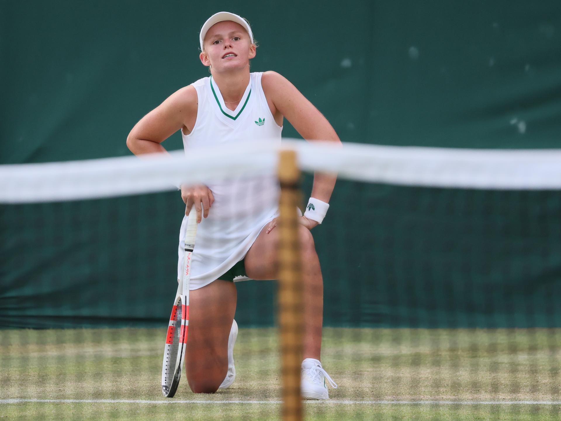 Belgian Jeline Vandromme reacts during a tennis match against Spanish Torner-Sensano, in the first round of the girls' singles at the 2025 Wimbledon grand slam tournament, Saturday 05 July 2025 at the All England Tennis Club, in South-West London, Britain. BELGA PHOTO BENOIT DOPPAGNE