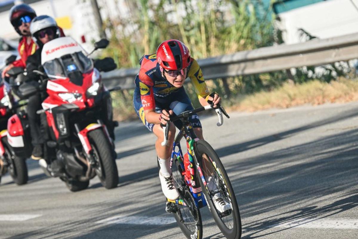 Lidl-Trek's Dutch rider Loes Adegeest rides in a breakaway during the 8th (out of 9) stage of the fifth edition of the Women's Tour de France cycling race, 171.9 km from Sisteron to Nice, in Nice, southeastern France on August 8, 2026. NICOLAS TUCAT / AFP